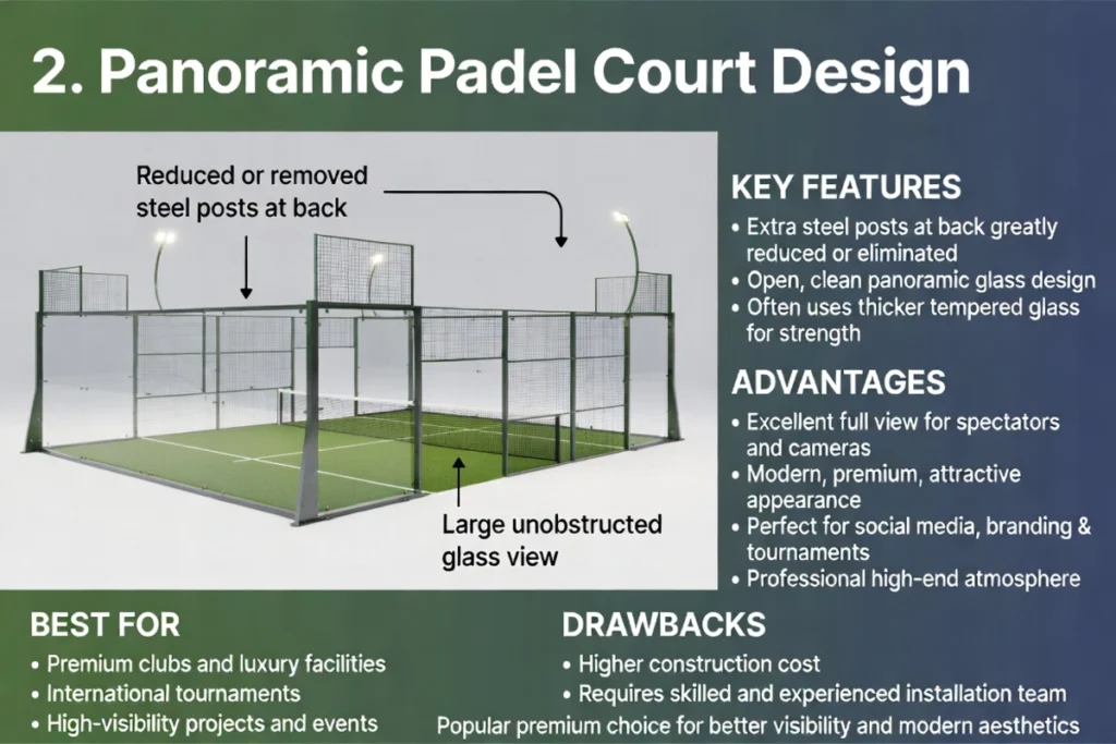 Panoramic padel court with minimal posts and open glass design.
