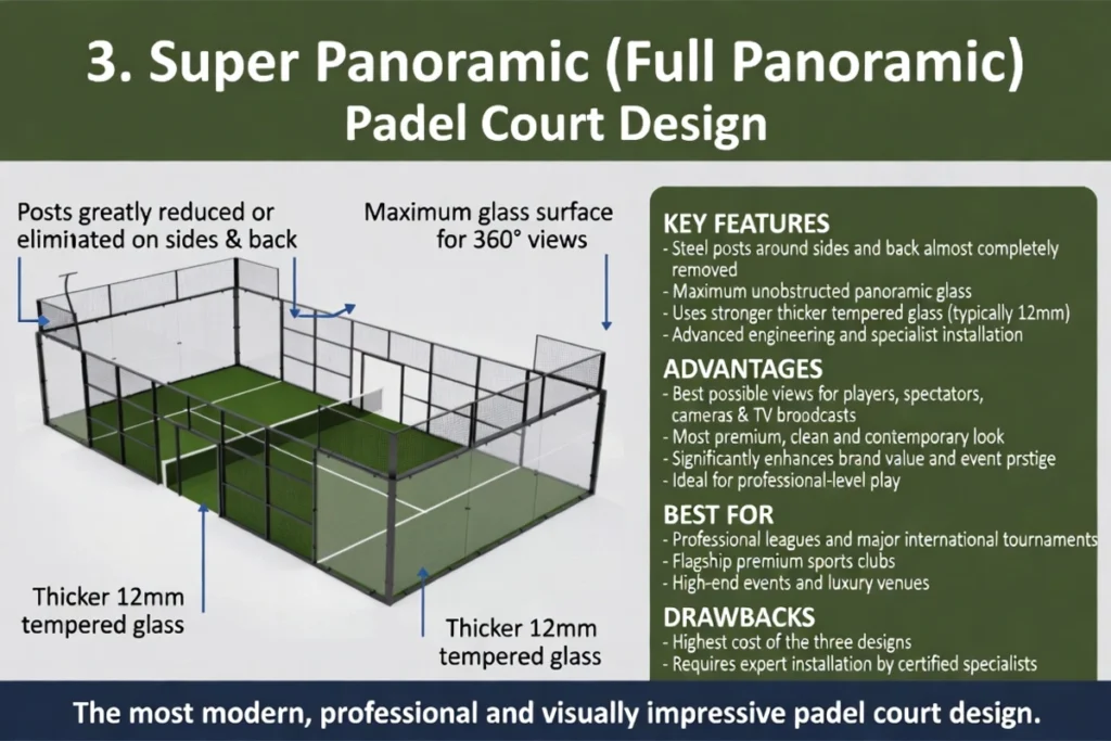 Super panoramic padel court with maximum glass and minimal posts for full visibility.