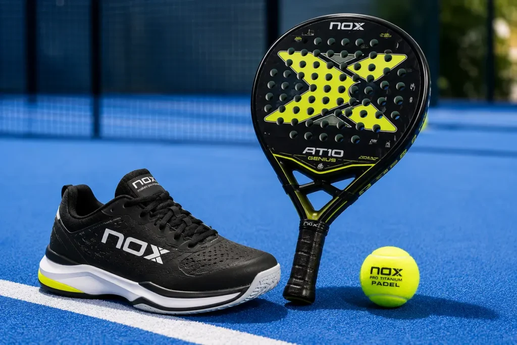 Padel racket, shoes, and ball